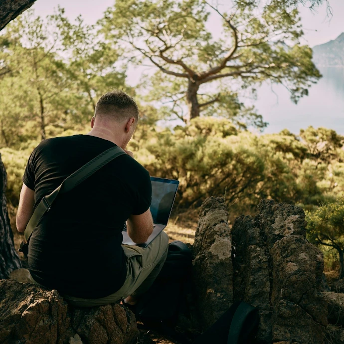 a man sitting on top of a rock next to a tree